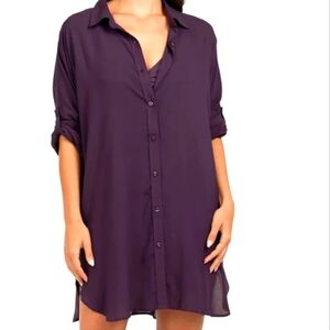 Lands' End Women's Purple Button Up Roll-Tab Sleeve Swim Coverup Size M/L